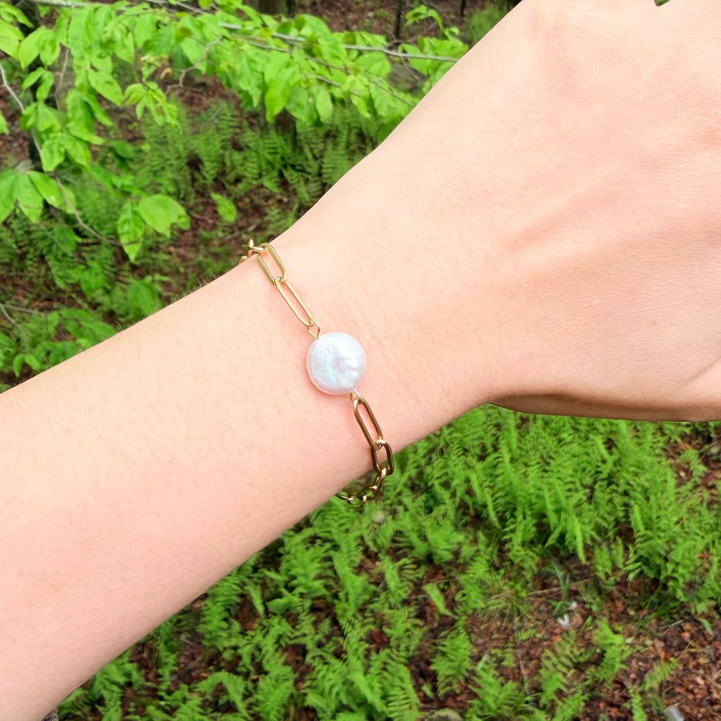 Baroque coin pearl and paperclip chain bracelet