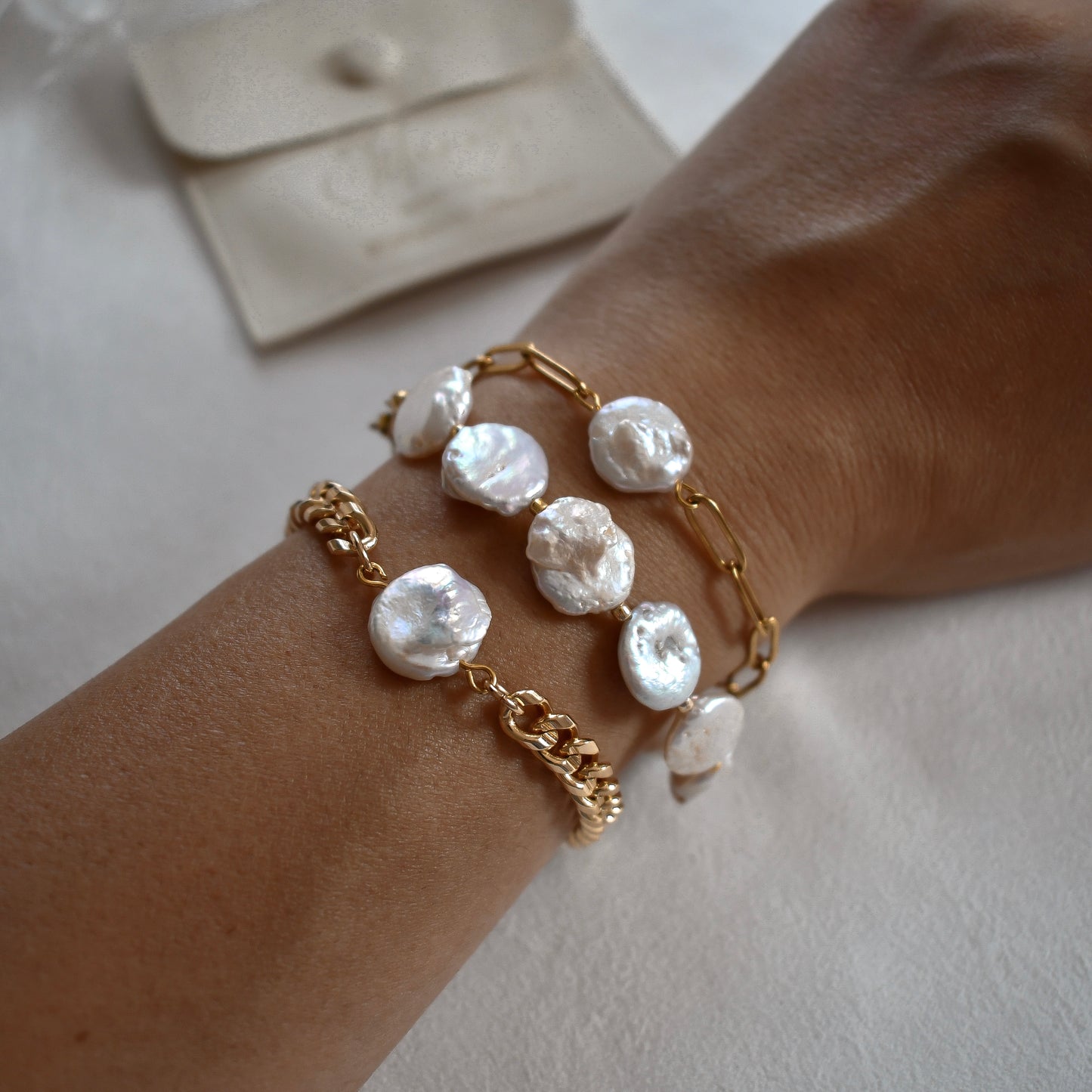 Baroque coin pearl and paperclip chain bracelet