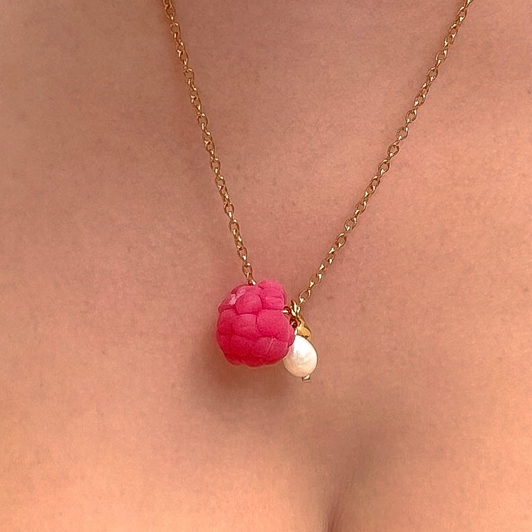Raspberry, pearl and coin charms necklace