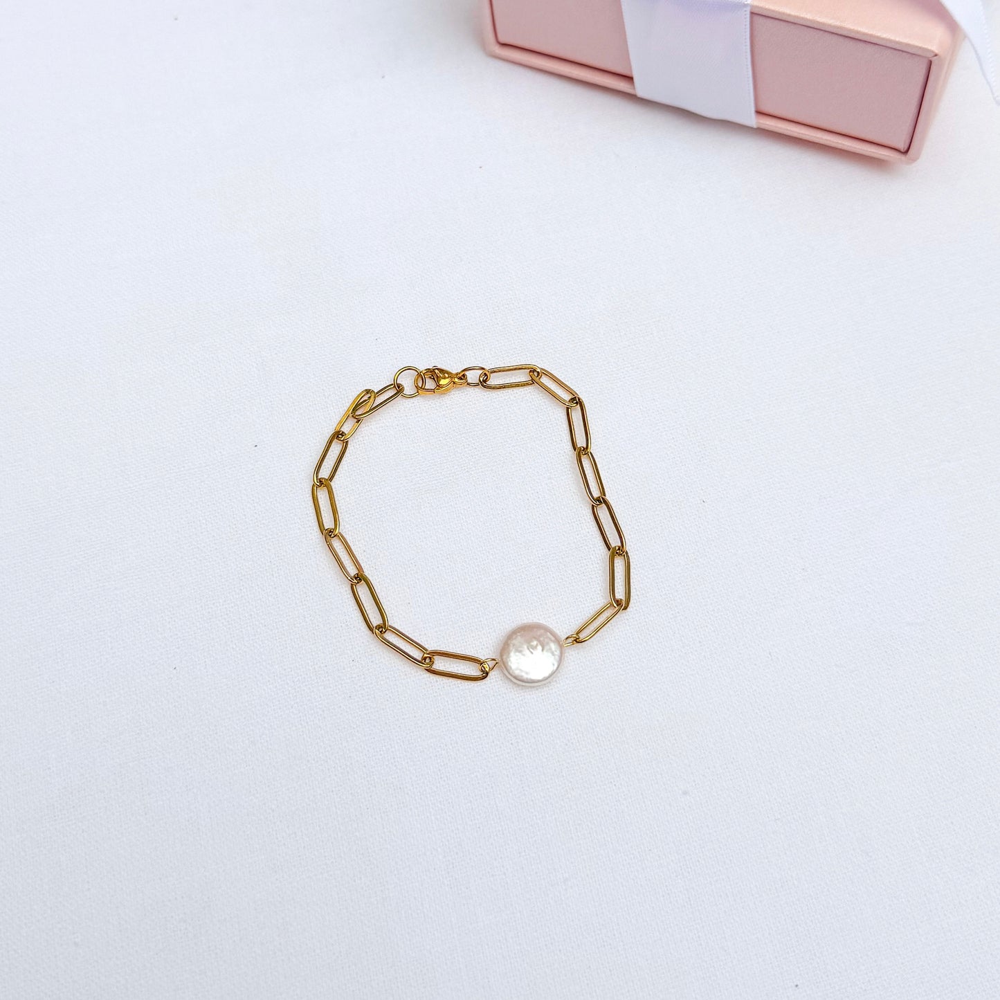 Baroque coin pearl and paperclip chain bracelet
