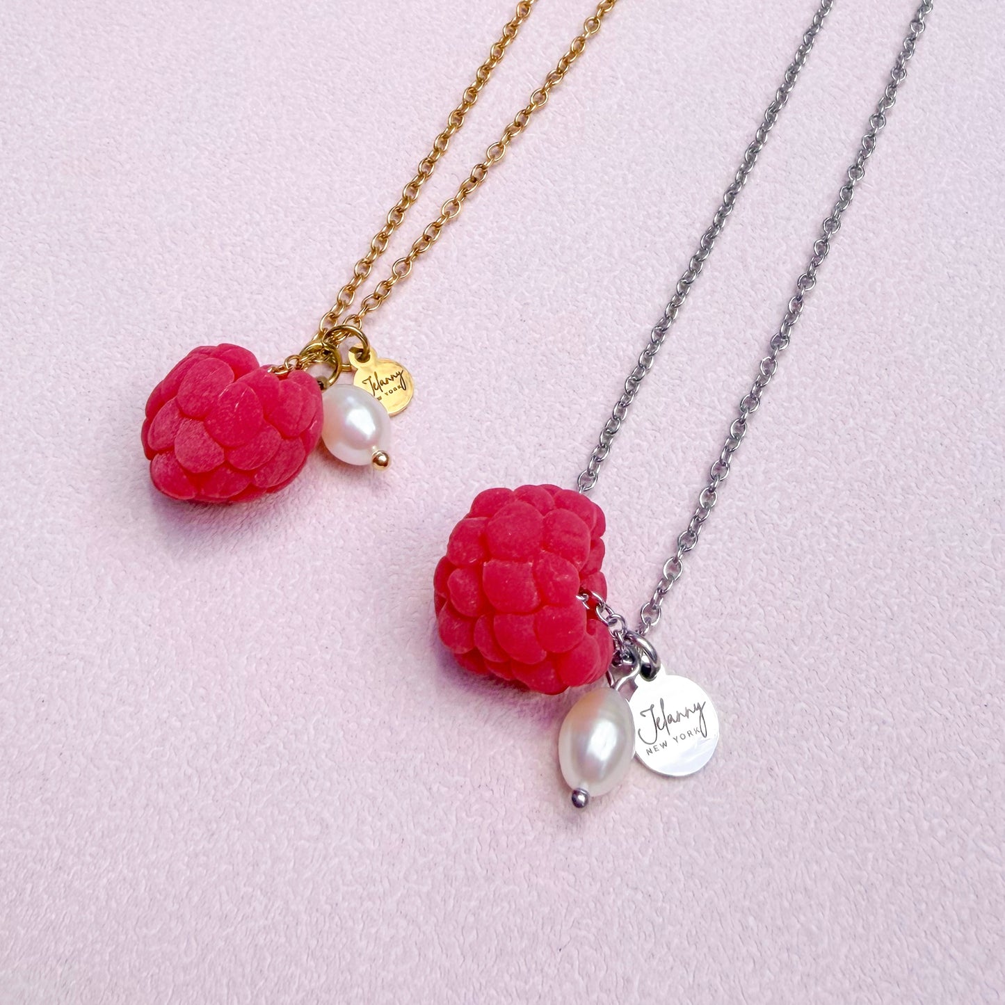 Raspberry, pearl and coin charms necklace