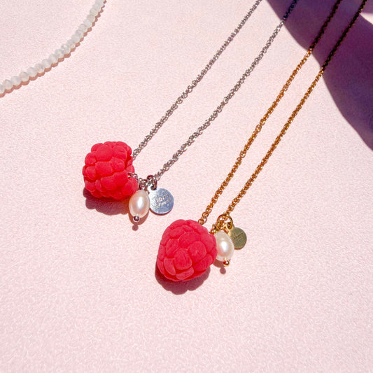 Raspberry, pearl and coin charms necklace