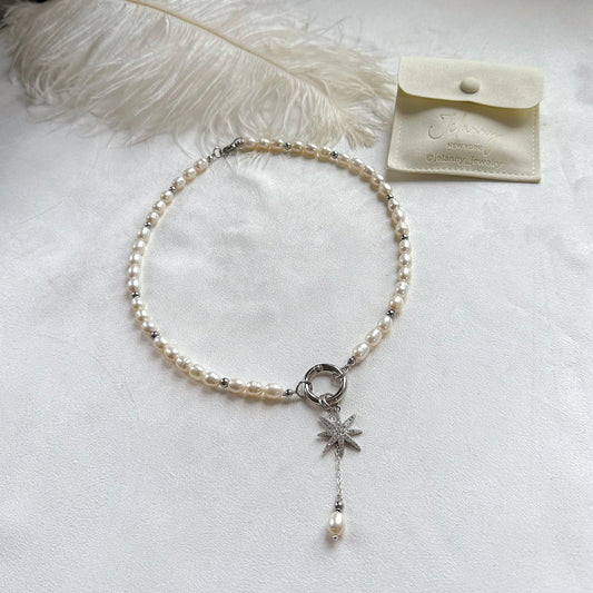 Necklace with star and pearl pendants (rhodium plated)