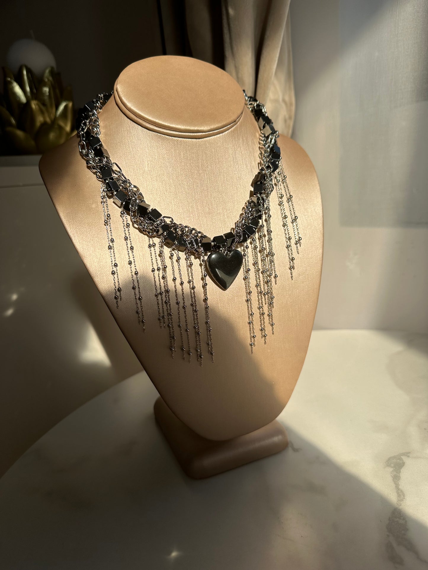 Grey hematite unusual necklace with heart and chains