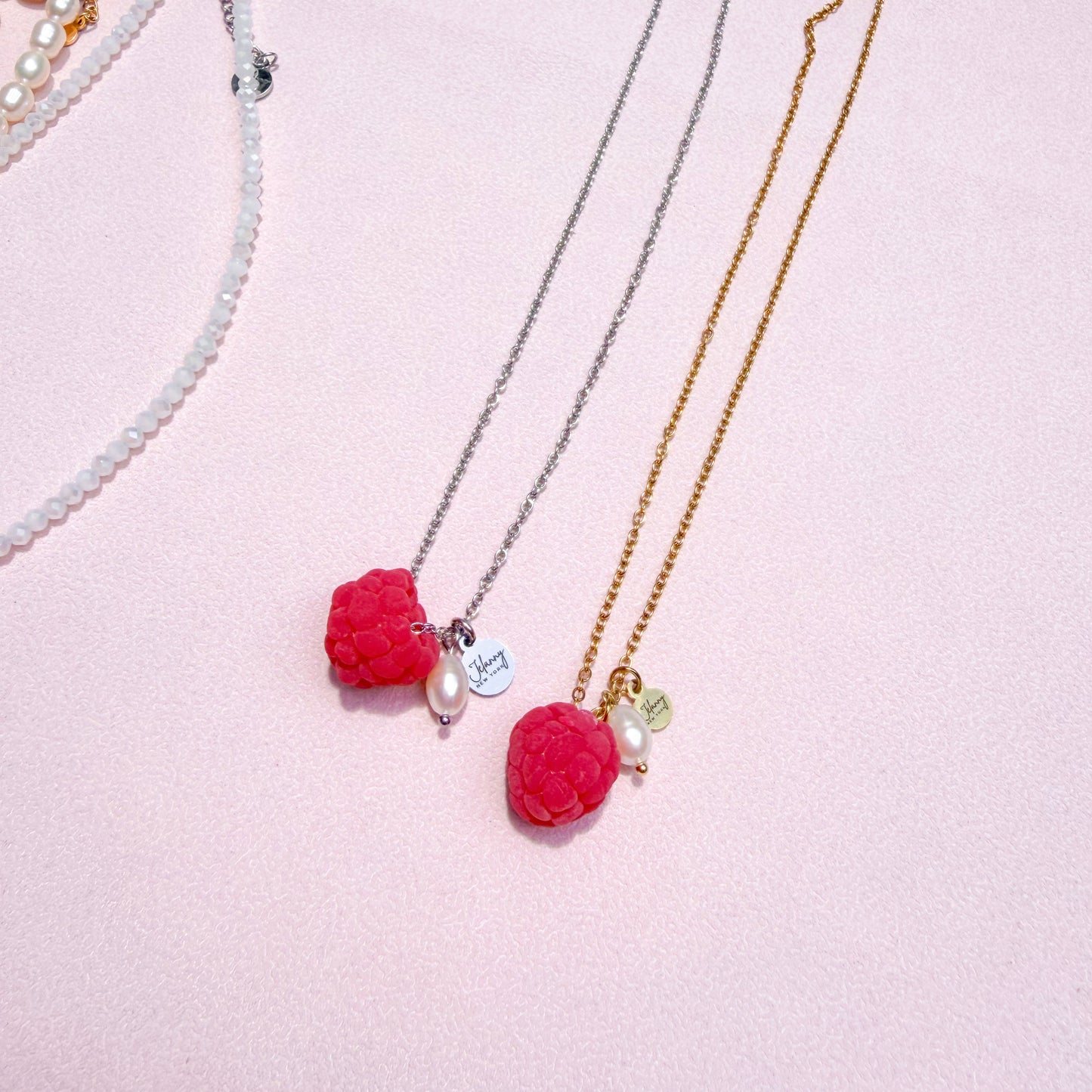 Raspberry, pearl and coin charms necklace