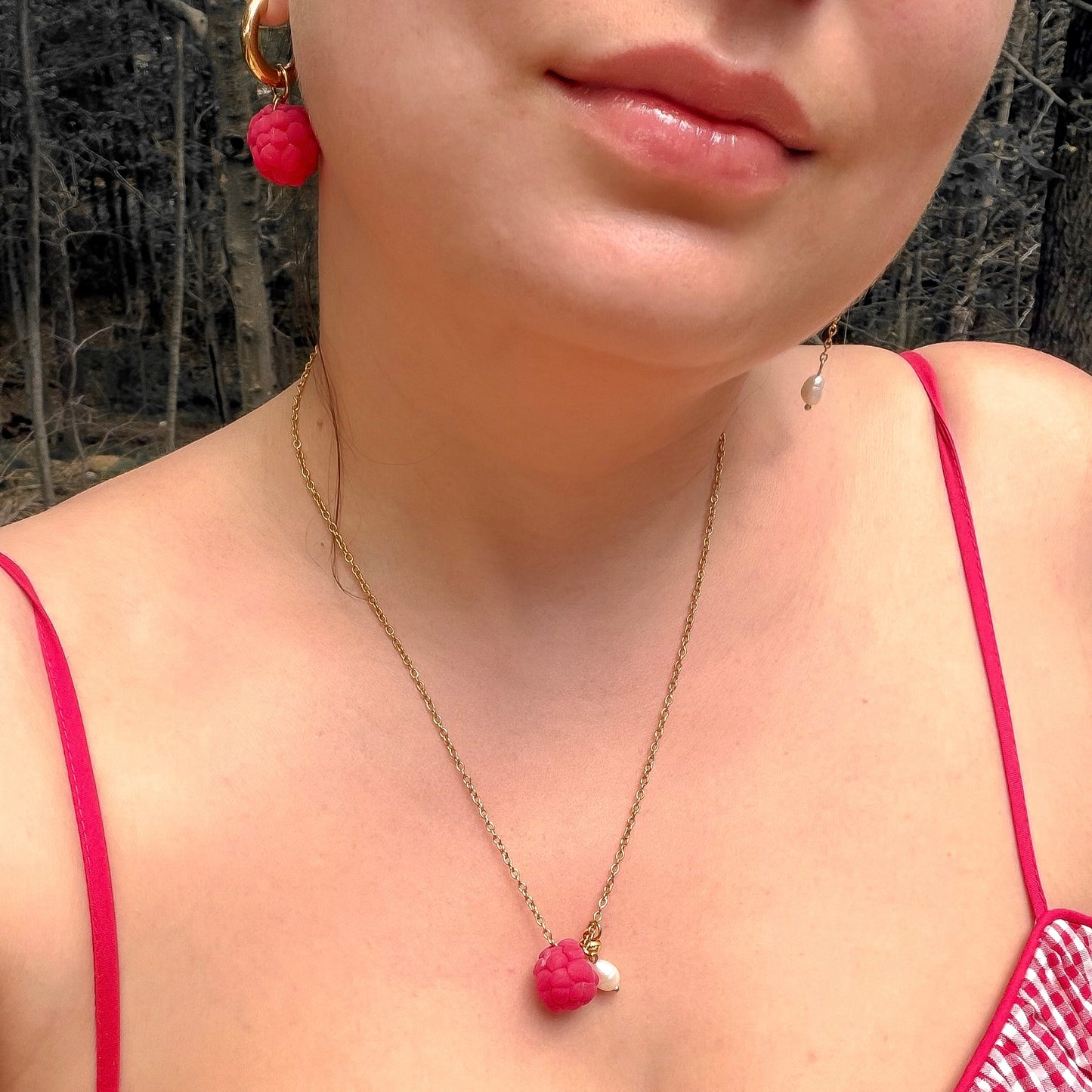 Raspberry, pearl and coin charms necklace