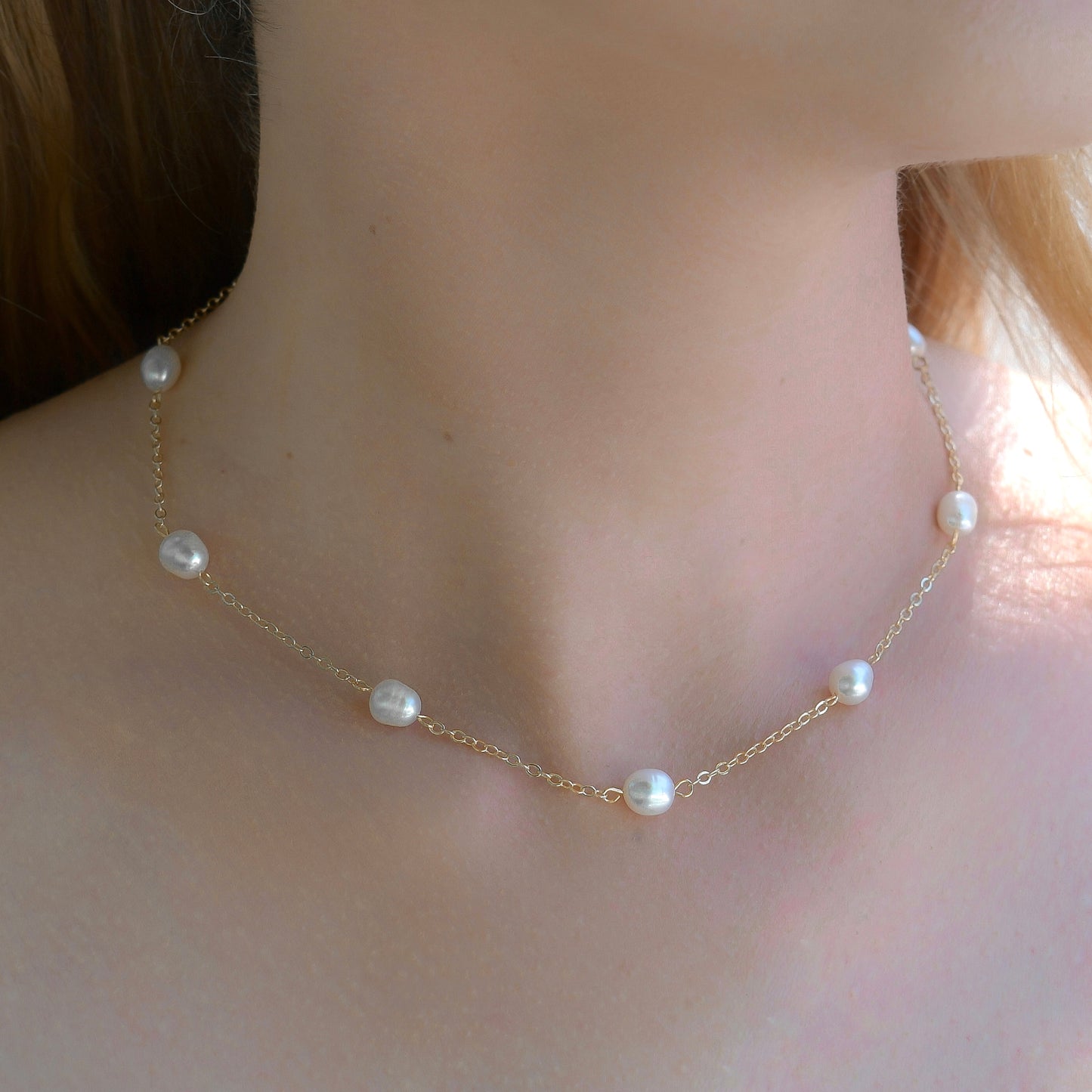 Freshwater pearls and chain necklace