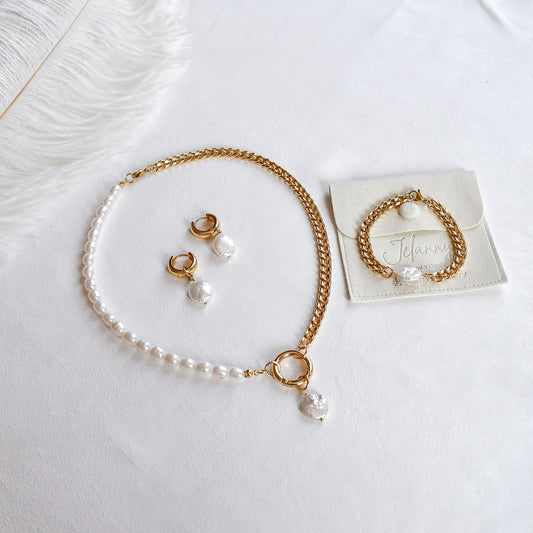 Natural coin pearls and gold chain jewelry set