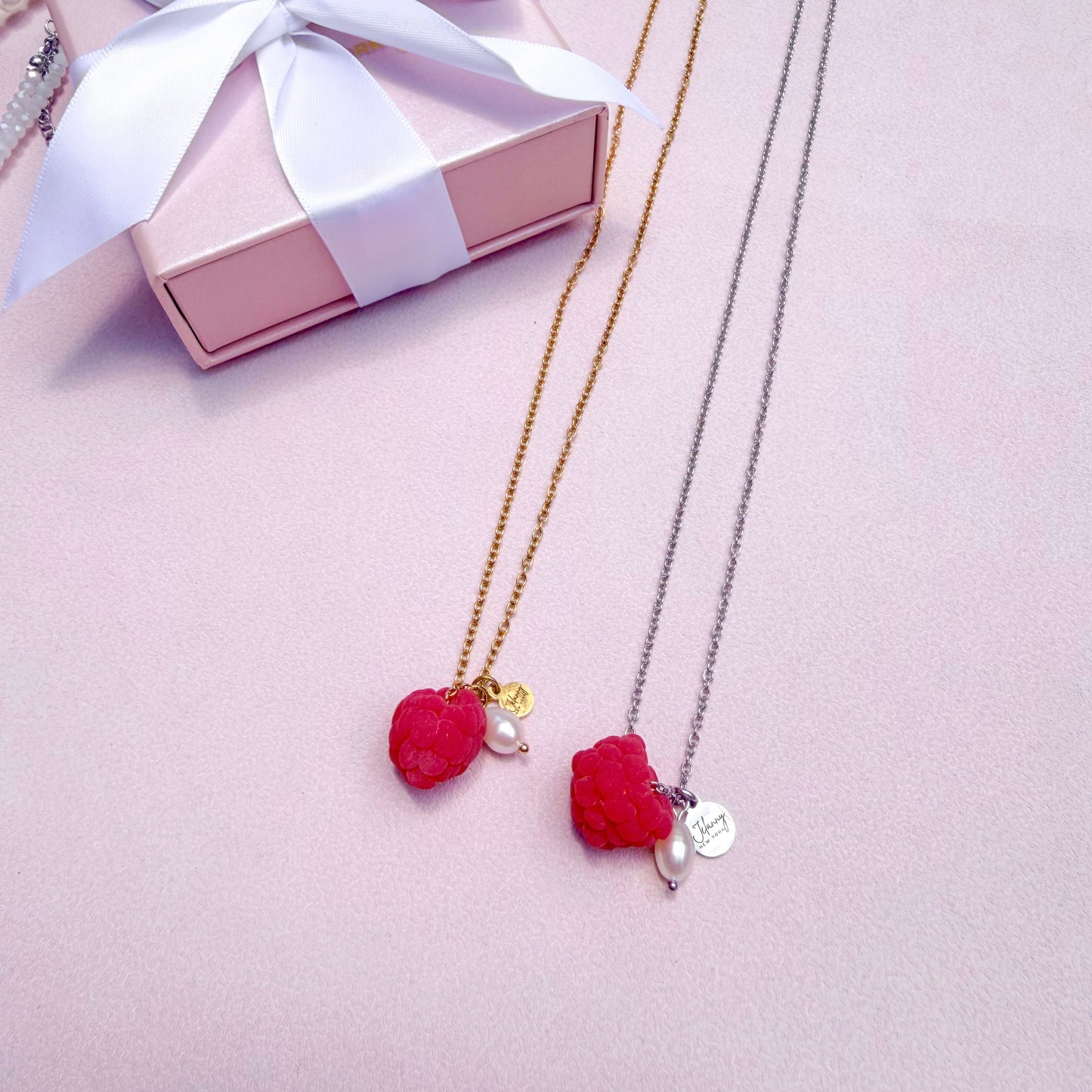 Raspberry, pearl and coin charms necklace