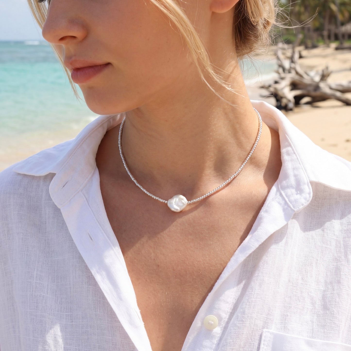Coin pearl and seed beads necklace (silv)