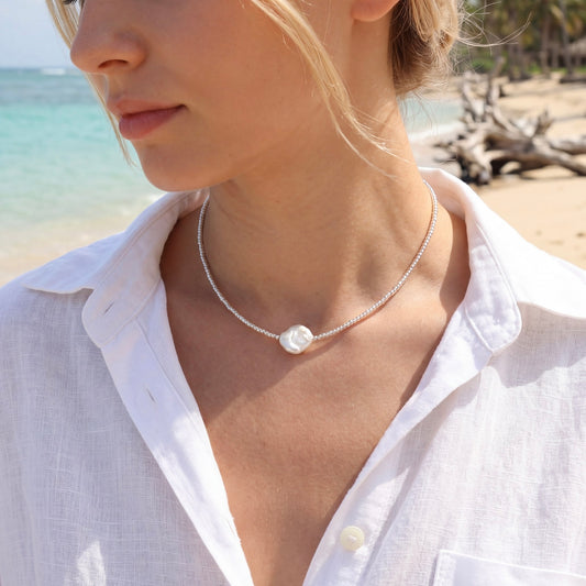 Coin pearl and seed beads necklace (silv)