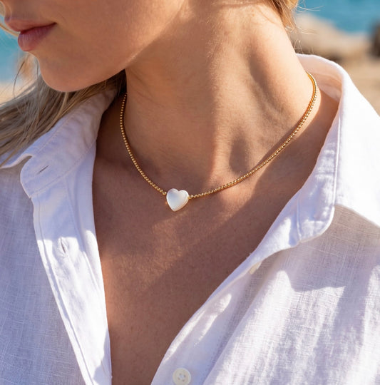 Mother-of-pearl heart  & seed beads choker (gold)