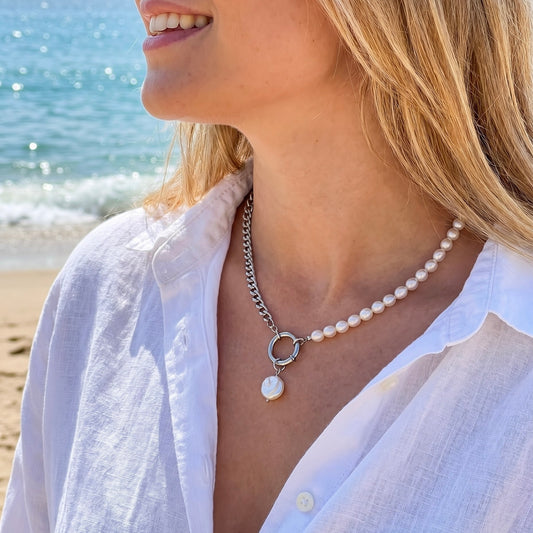 Coin pearl Necklace with front clasp + Interchangeable charm (silv)