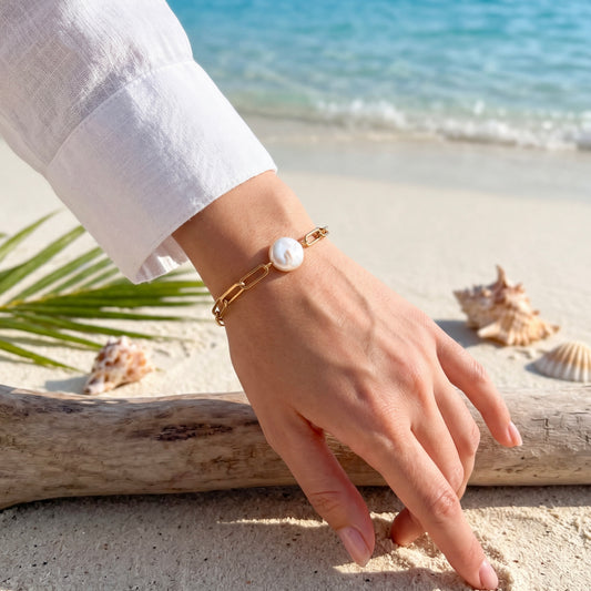 Baroque coin pearl and paperclip chain bracelet