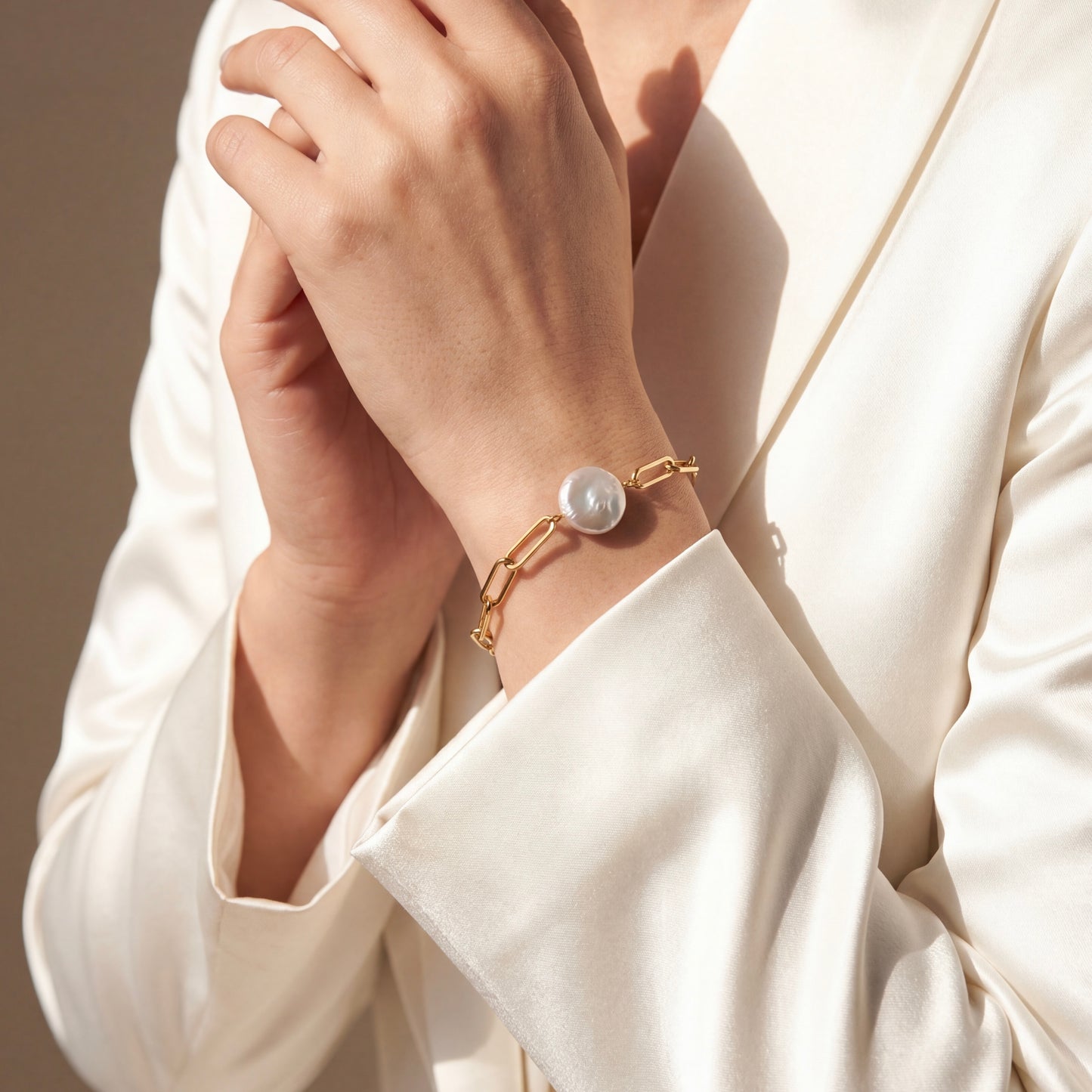 Baroque coin pearl and paperclip chain bracelet