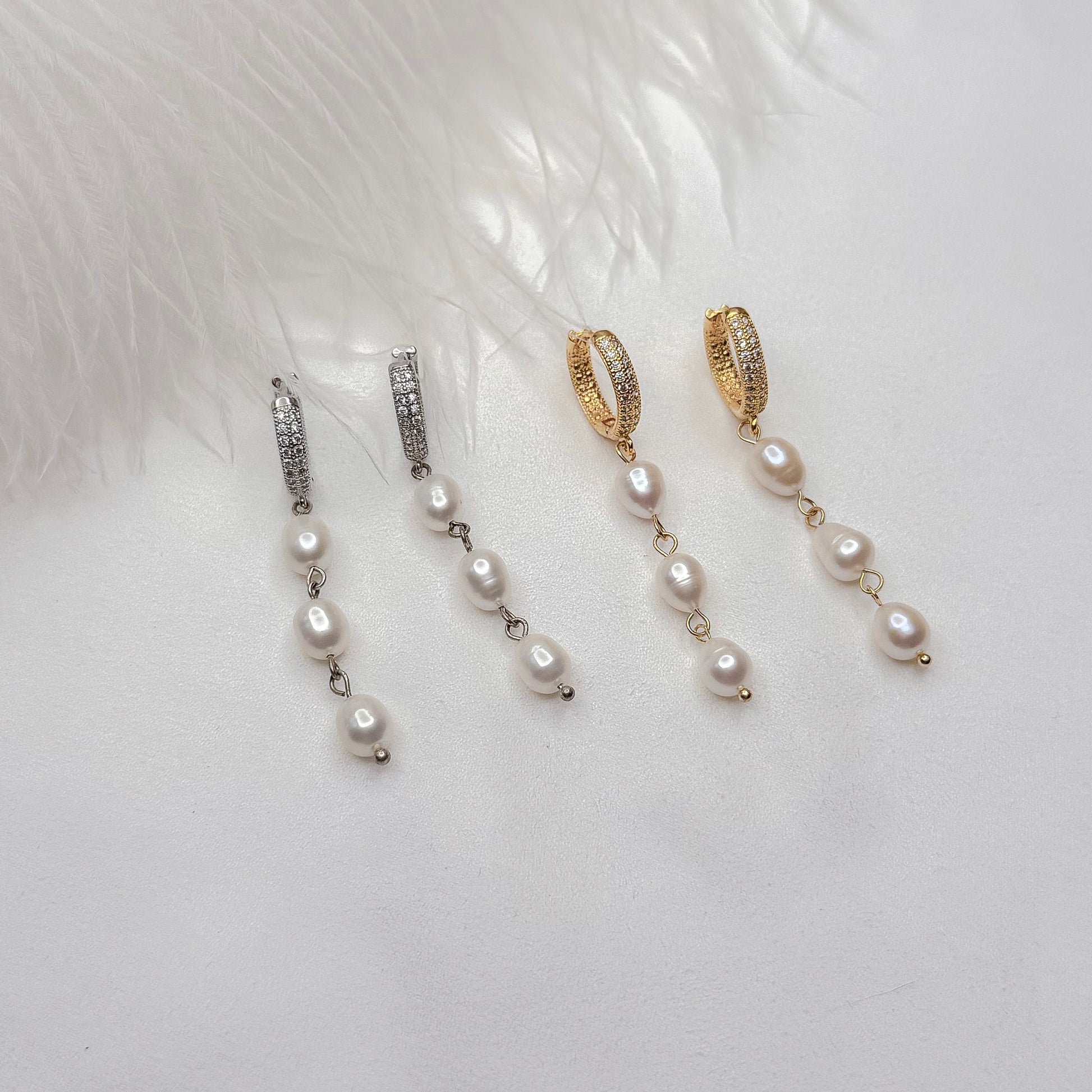 Dangle pearl earrings with crystals handmade pearl jewelry modern pearl earrings gold and silver finish