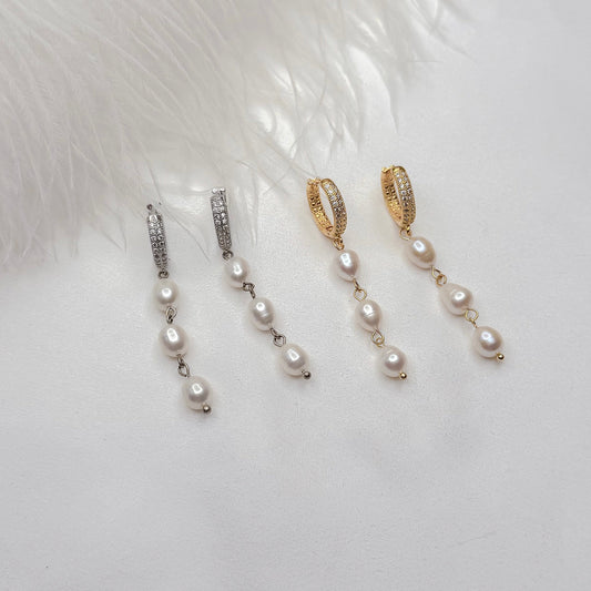 Dangle pearl earrings with crystals handmade pearl jewelry modern pearl earrings gold and silver finish