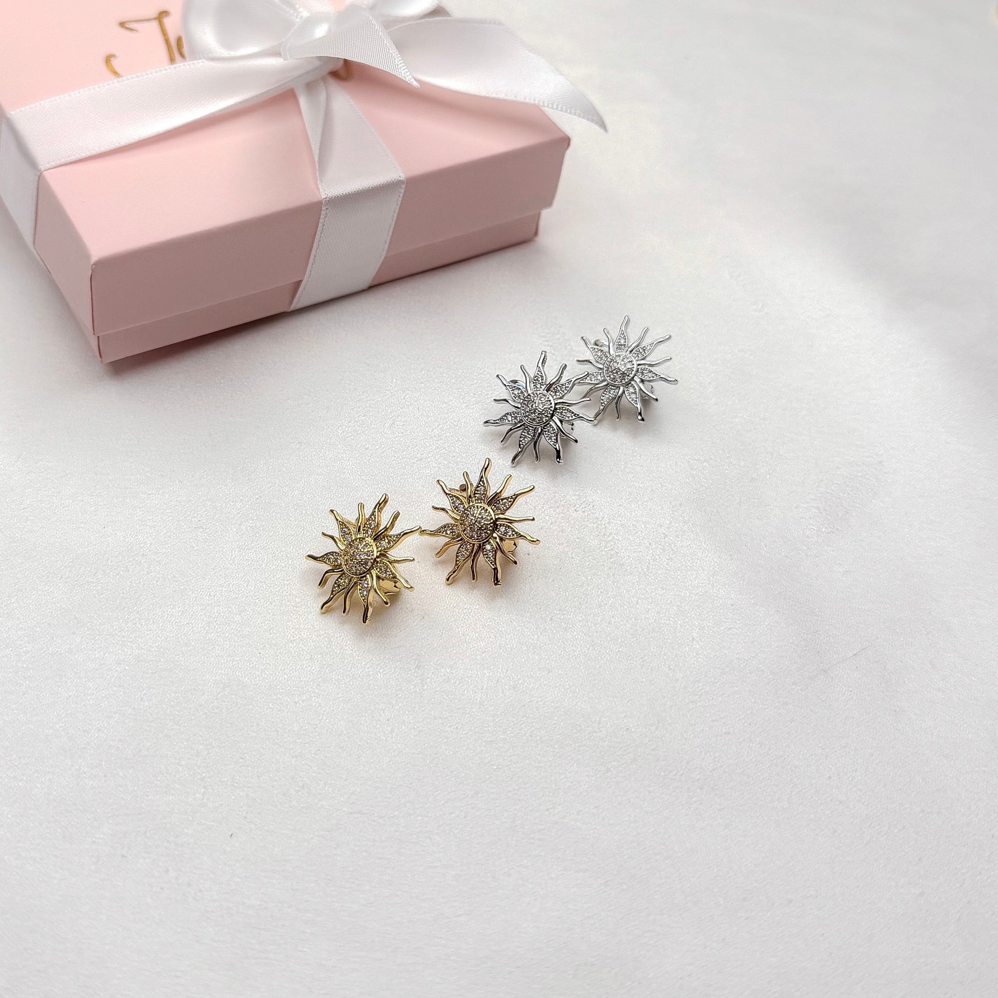 Sunburst stud earrings styled with pearl necklace minimalist pearl jewelry set