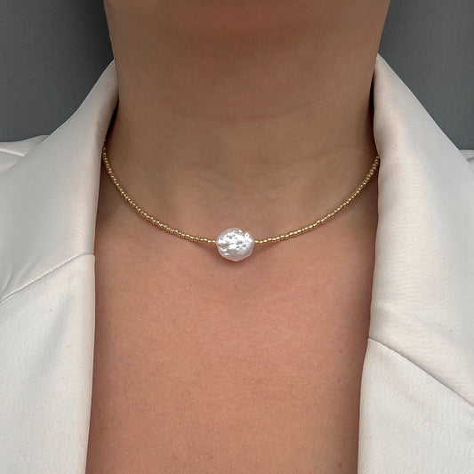 Coin pearl and seed beads necklace (gold)