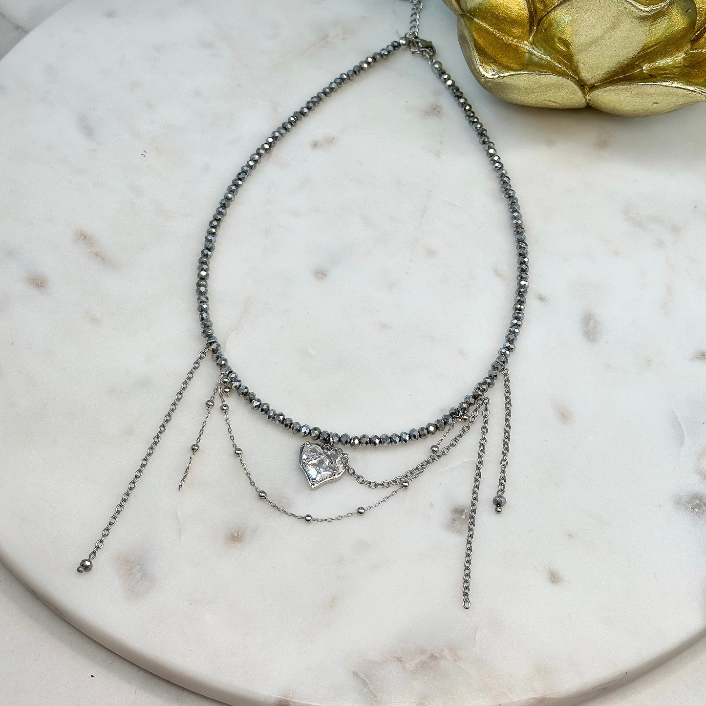 Asymmetric chains necklace with heart (silver)