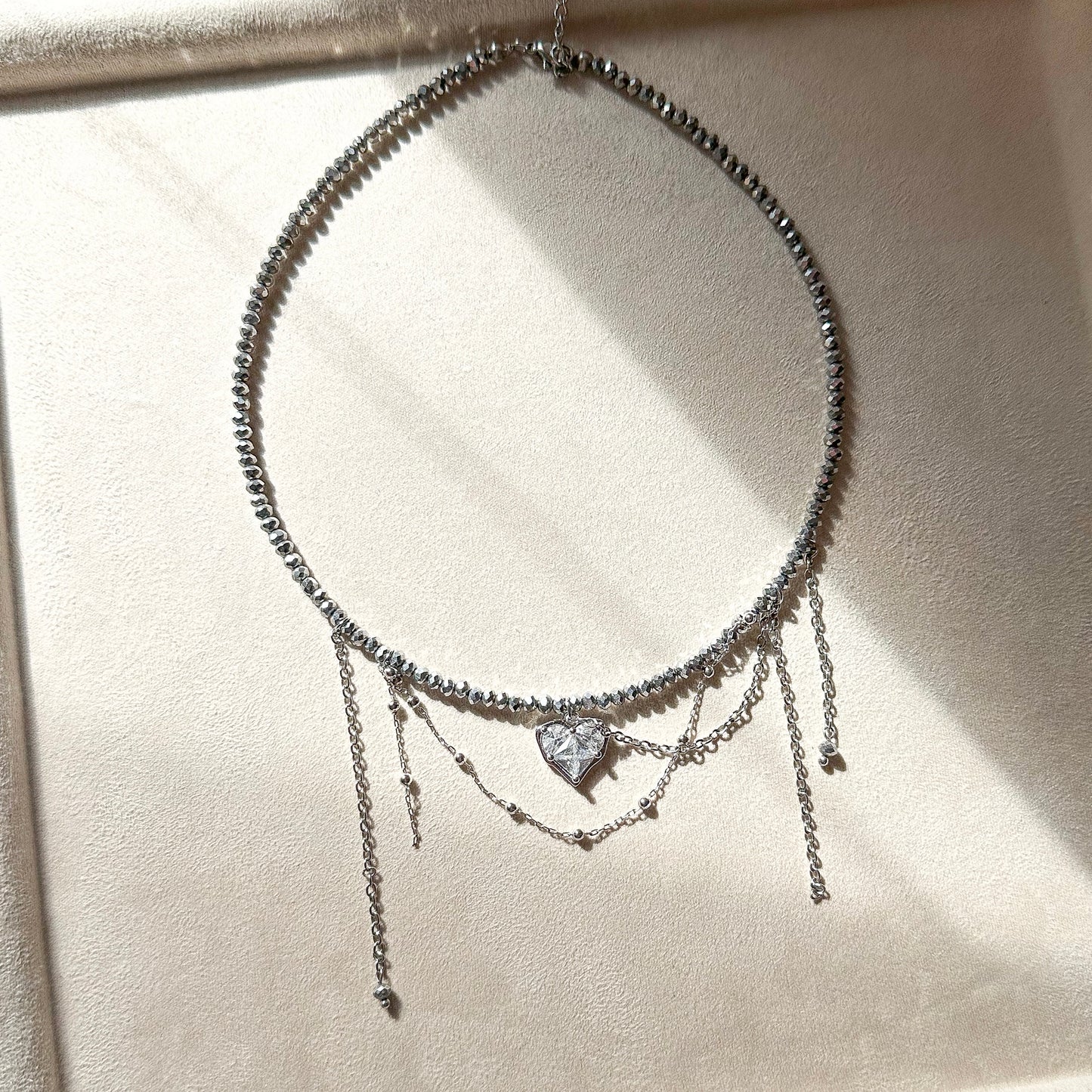 Asymmetric chains necklace with heart (silver)