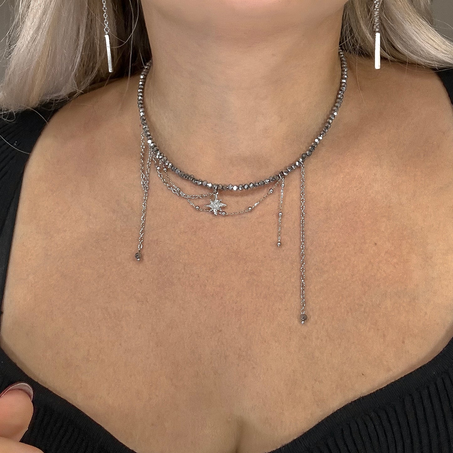 Asymmetric chains necklace with star (silver)
