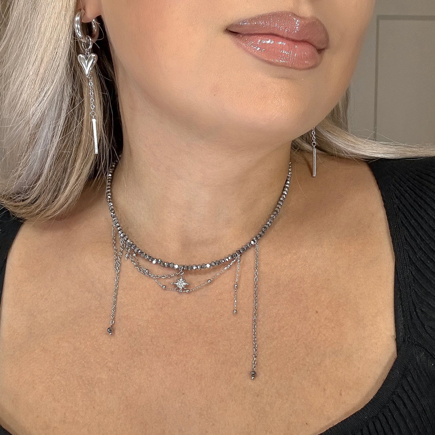 Asymmetric chains necklace with star (silver)