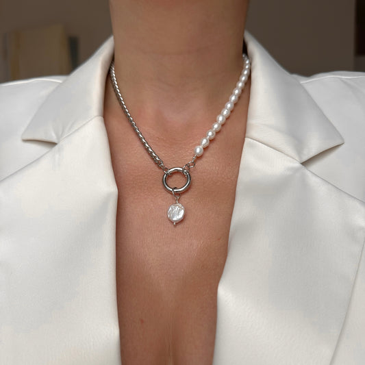 Coin pearl Necklace with front clasp + Interchangeable charm