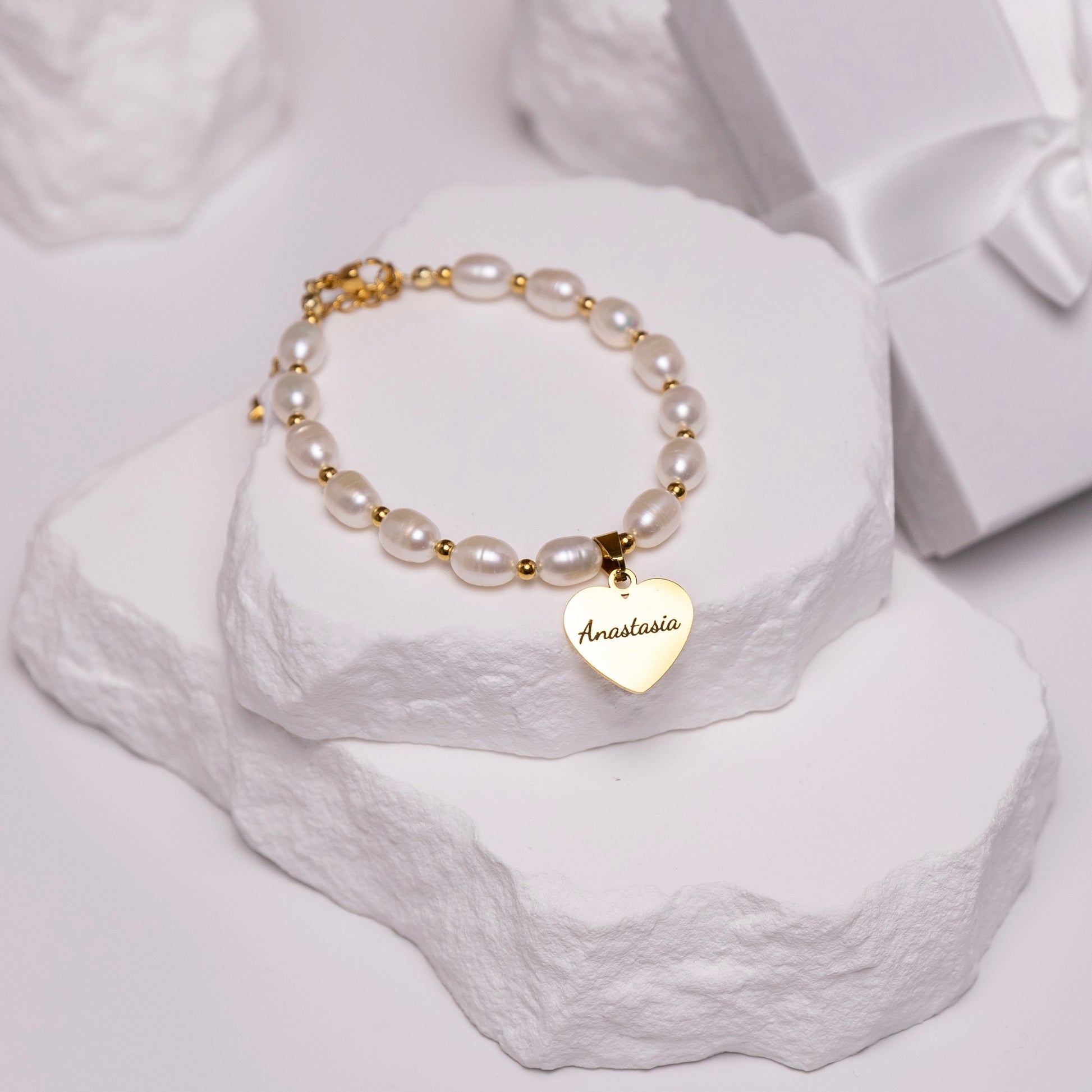 Custom pearl bracelet with heart engraving gold finish