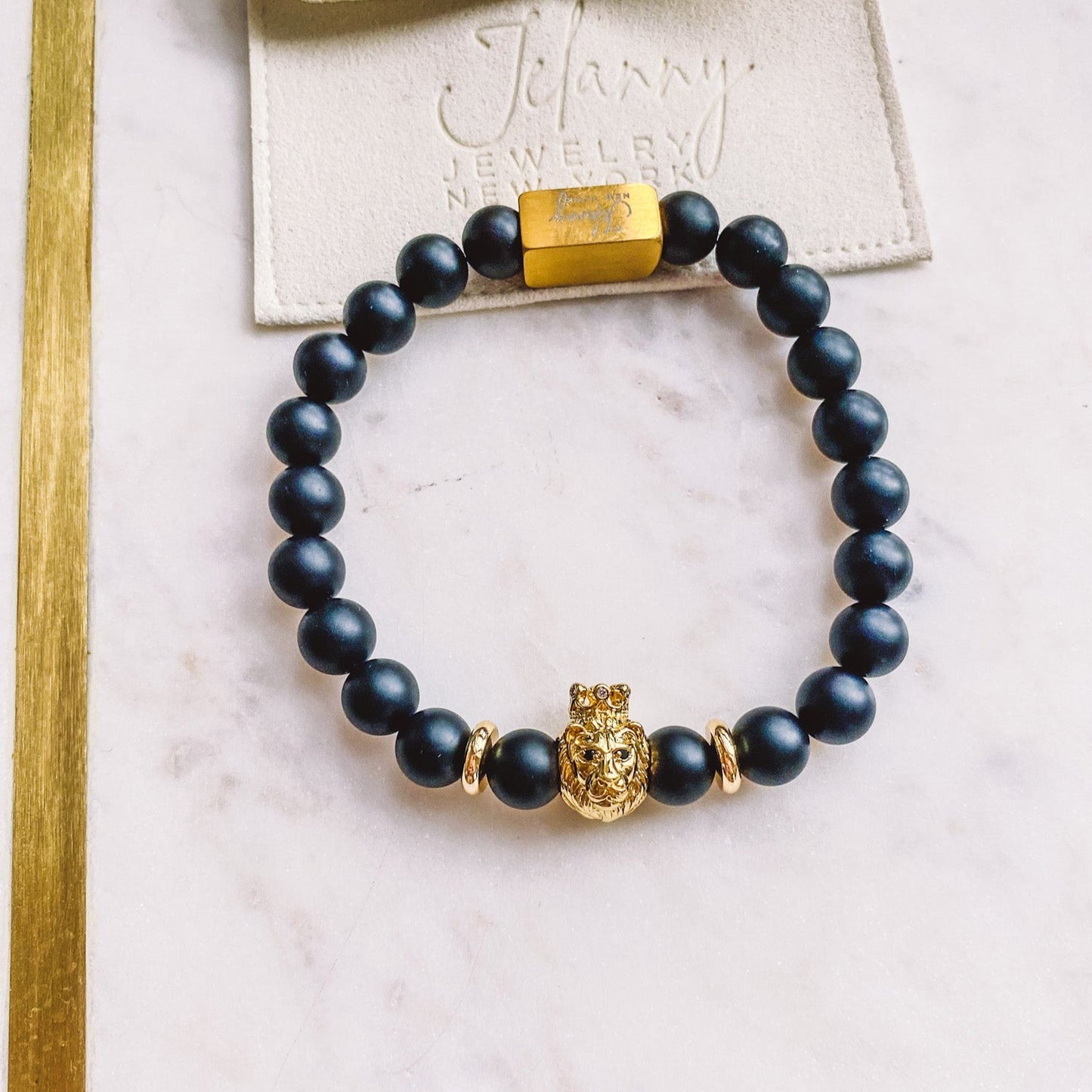 Lion crown head and black onyx beads bracelet